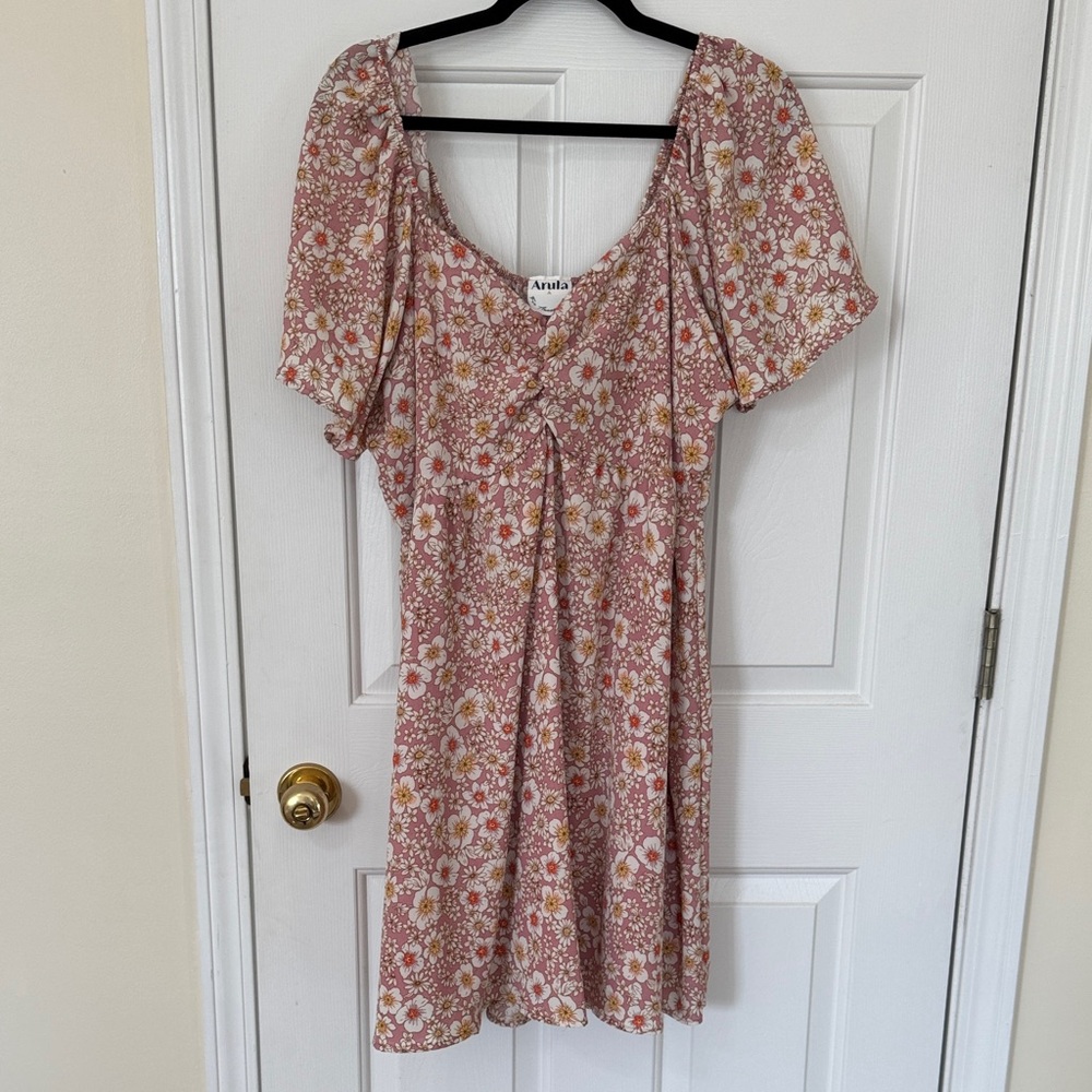ARULA Pink Floral Dress with Flutter Sleeves and Tie Back